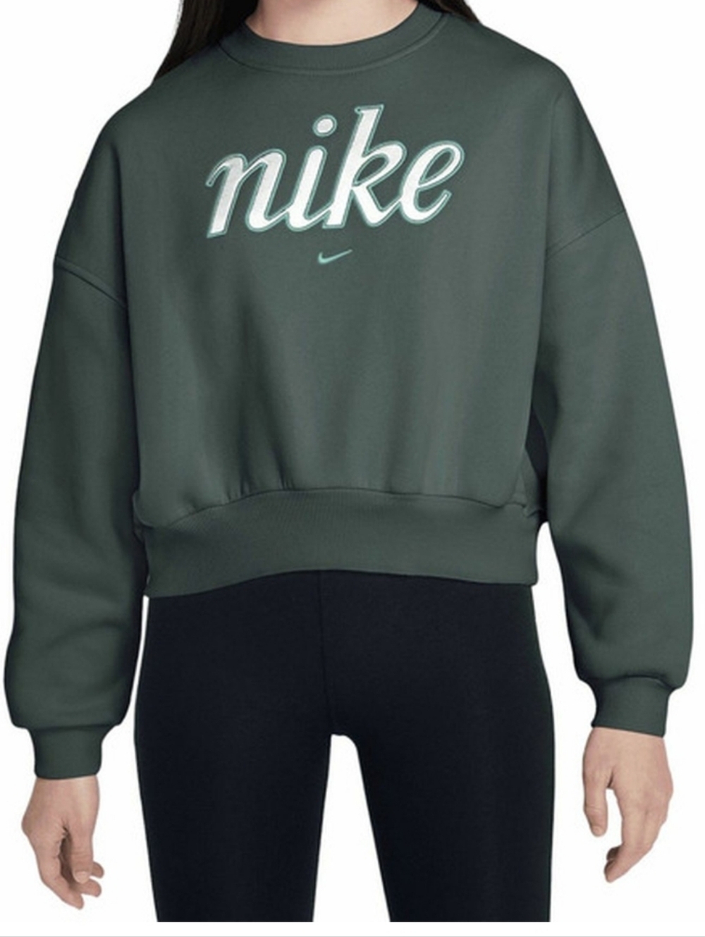 Nike Olive Green Fleece Girls Boxy Crewneck Sweatshirt